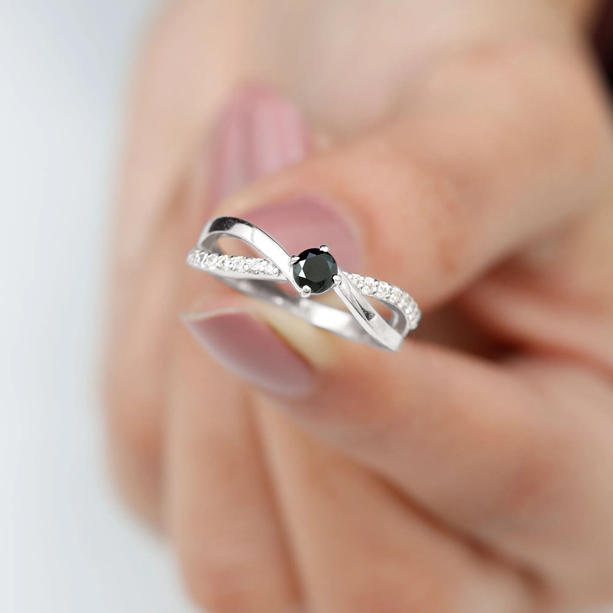 0.50 CT Black Onyx Solitaire and Diamond Infinity Ring