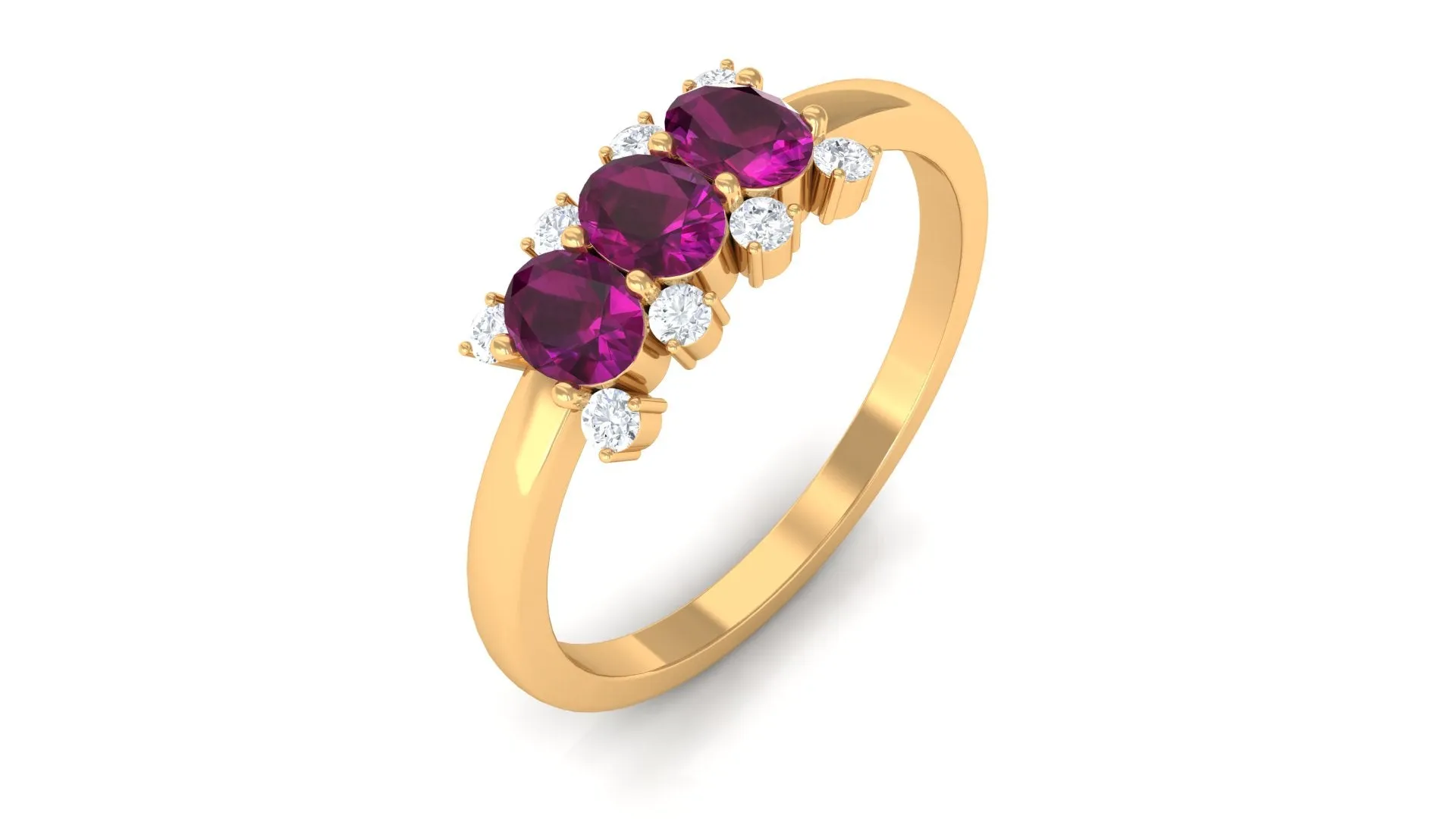 0.75 CT Oval Cut Rhodolite Three Stone Ring with Diamond