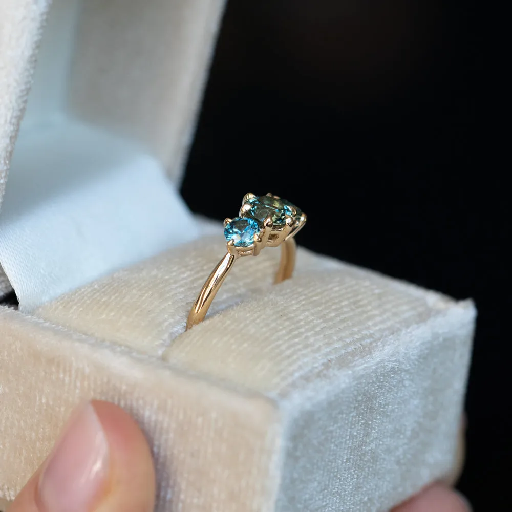 0.82ct Songea and Nigerian Teal Sapphire Three Stone Ring in 14K Yellow Gold