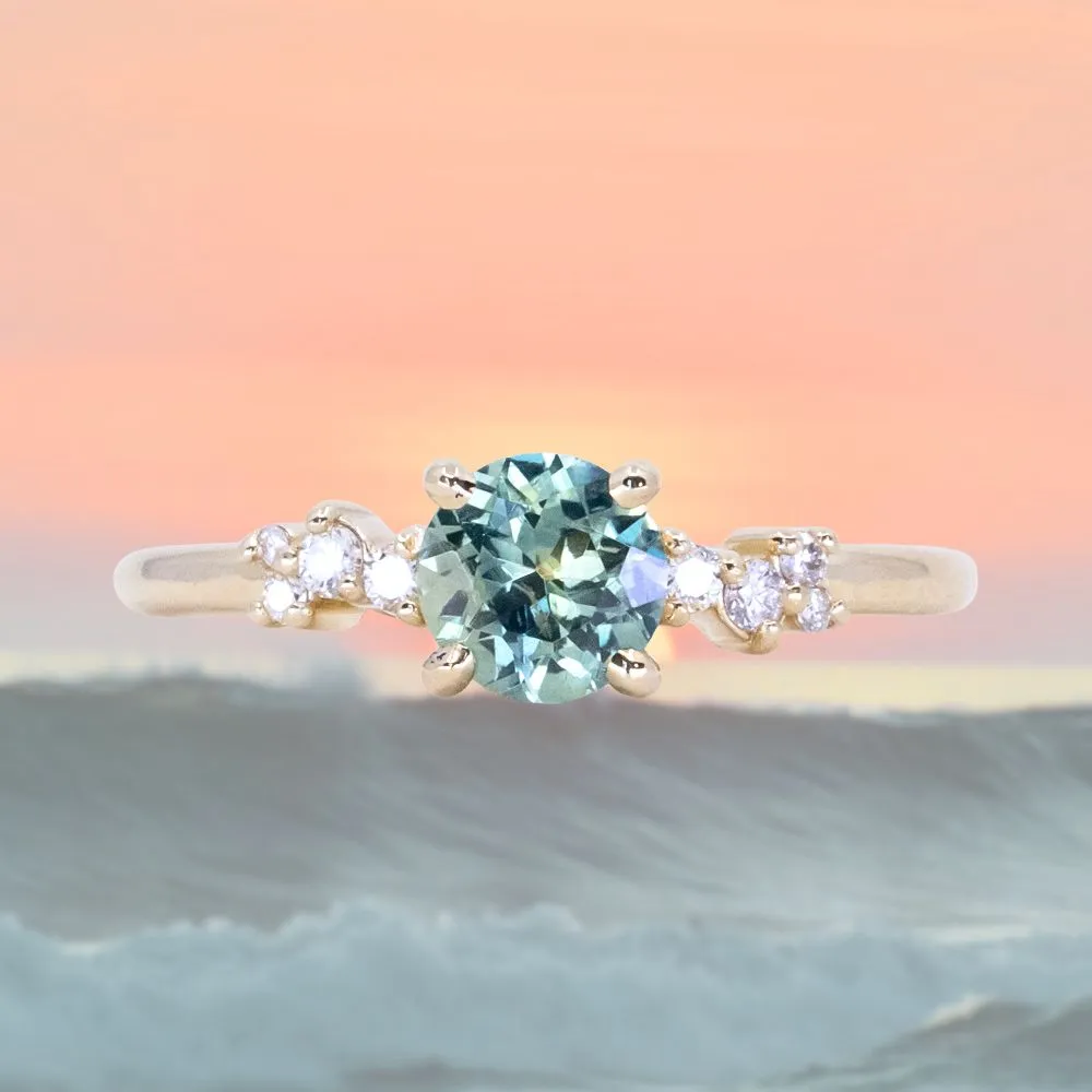 0.99ct Light Blue Green Parti Montana Sapphire and Diamond Starry Night Low Profile Solitaire in 14k Yellow Gold