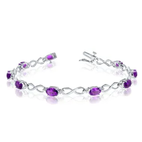 10K White Gold Oval Amethyst Stones And Diamonds Infinity Tennis Bracelet, 7"