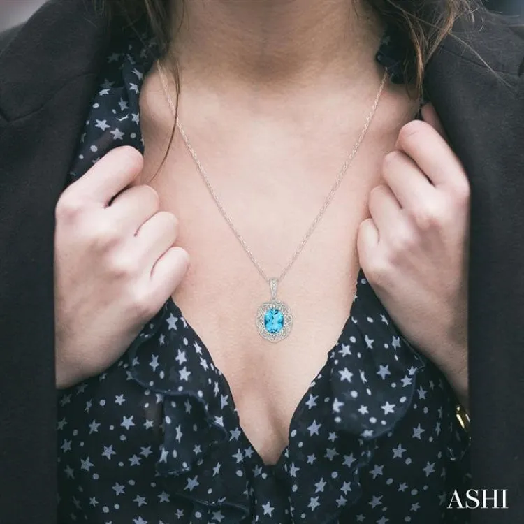 1/10 Ctw Oval Cut 8x6mm Blue Topaz & Round Cut Diamond Semi Precious Pendant With Chain in 10K White Gold