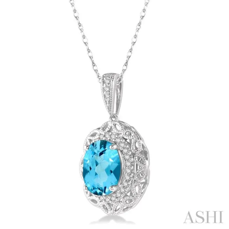 1/10 Ctw Oval Cut 8x6mm Blue Topaz & Round Cut Diamond Semi Precious Pendant With Chain in 10K White Gold