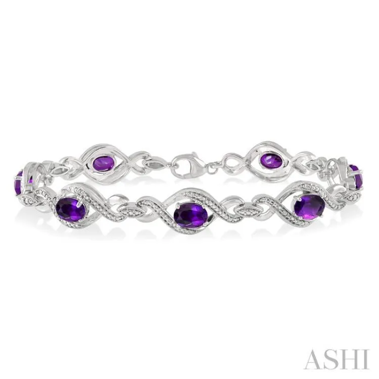 1/10 ctw Round Cut Diamond & 7x5MM Oval Cut Amethyst Semi Precious Bracelet in Sterling Silver