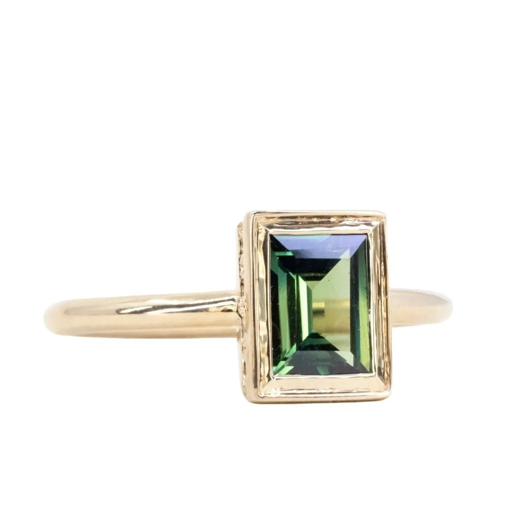 1.16ct Baguette Cut Untreated Nigerian Green Sapphire Low Profile Bezel Hidden Halo Solitaire Ring in 14k Yellow Gold