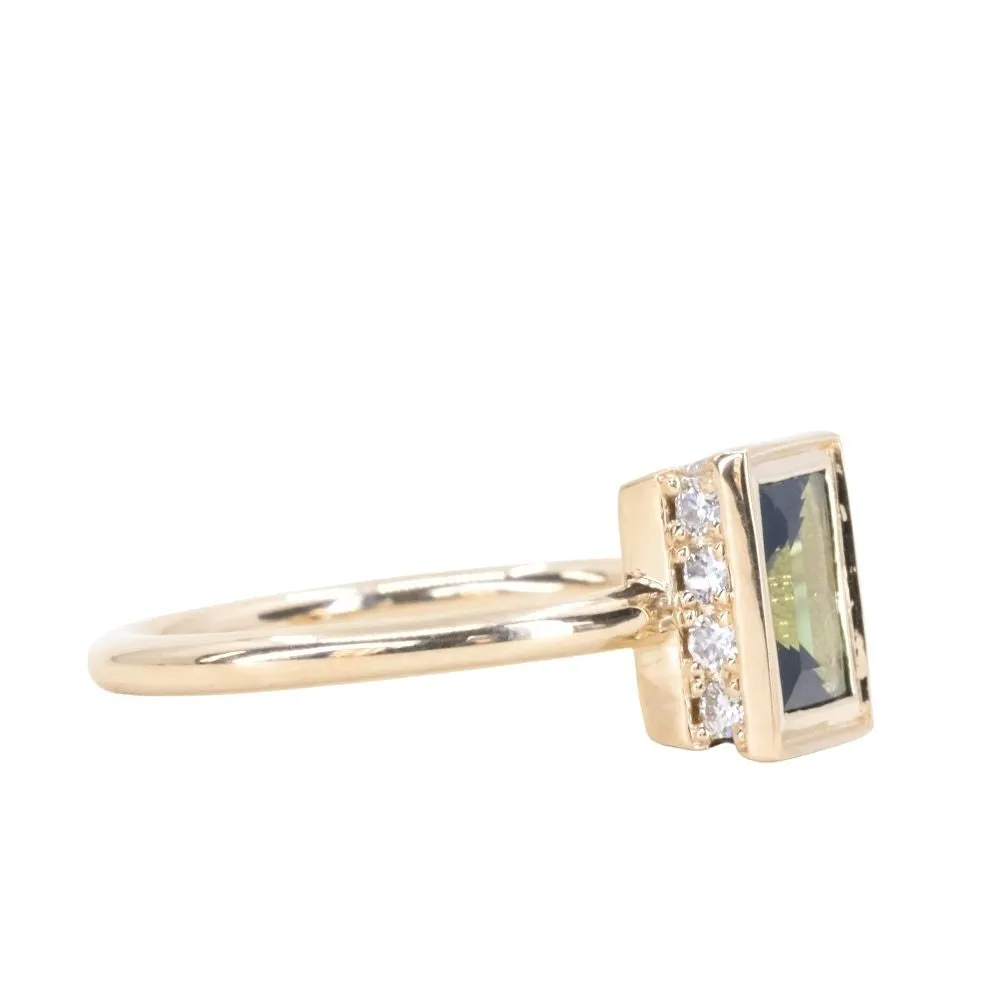 1.16ct Baguette Cut Untreated Nigerian Green Sapphire Low Profile Bezel Hidden Halo Solitaire Ring in 14k Yellow Gold