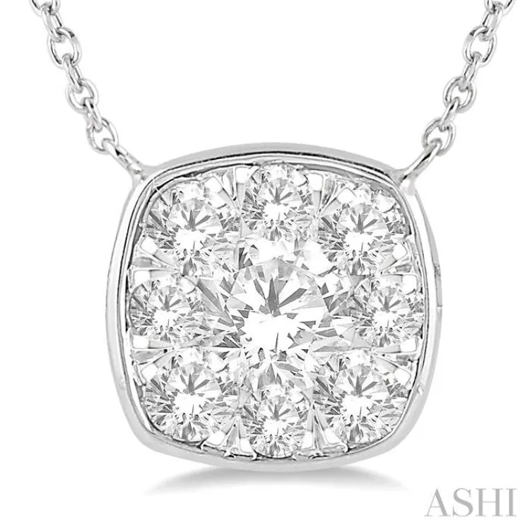 1/2 Ctw Cushion Shape Pendant Lovebright Diamond Necklace in 14K White Gold