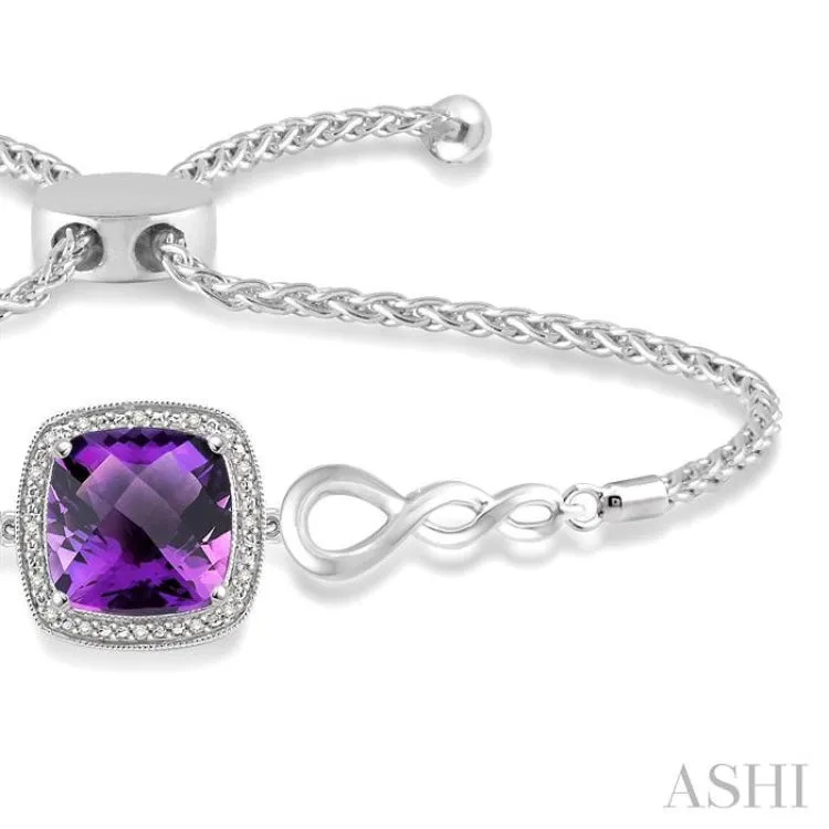 1/20 Ctw Cushion Cut 10x10mm Amethyst Round Cut Diamond Sterling Silver Lariat Bracelet