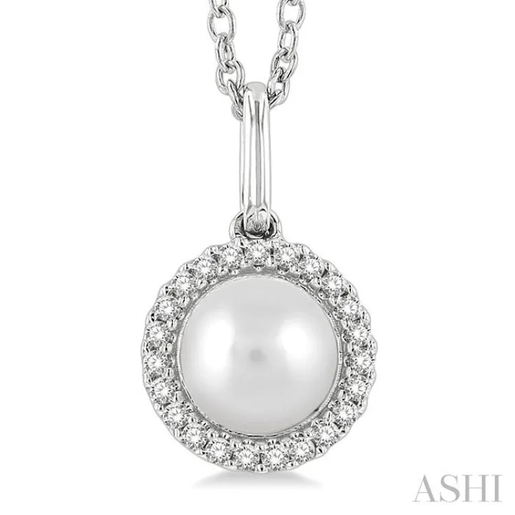 1/20 ctw Petite Round Cut Diamond Halo and 6X6 MM Cultured Pearl Fashion Pendant With Chain in 10K White Gold