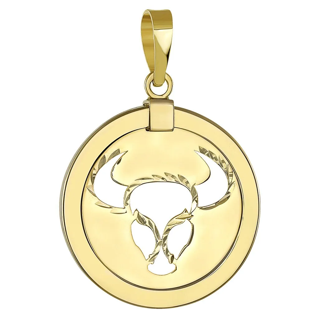 14K Gold Reversible Round Bull Taurus Zodiac Sign Pendant with Figaro Chain Necklace - Yellow Gold