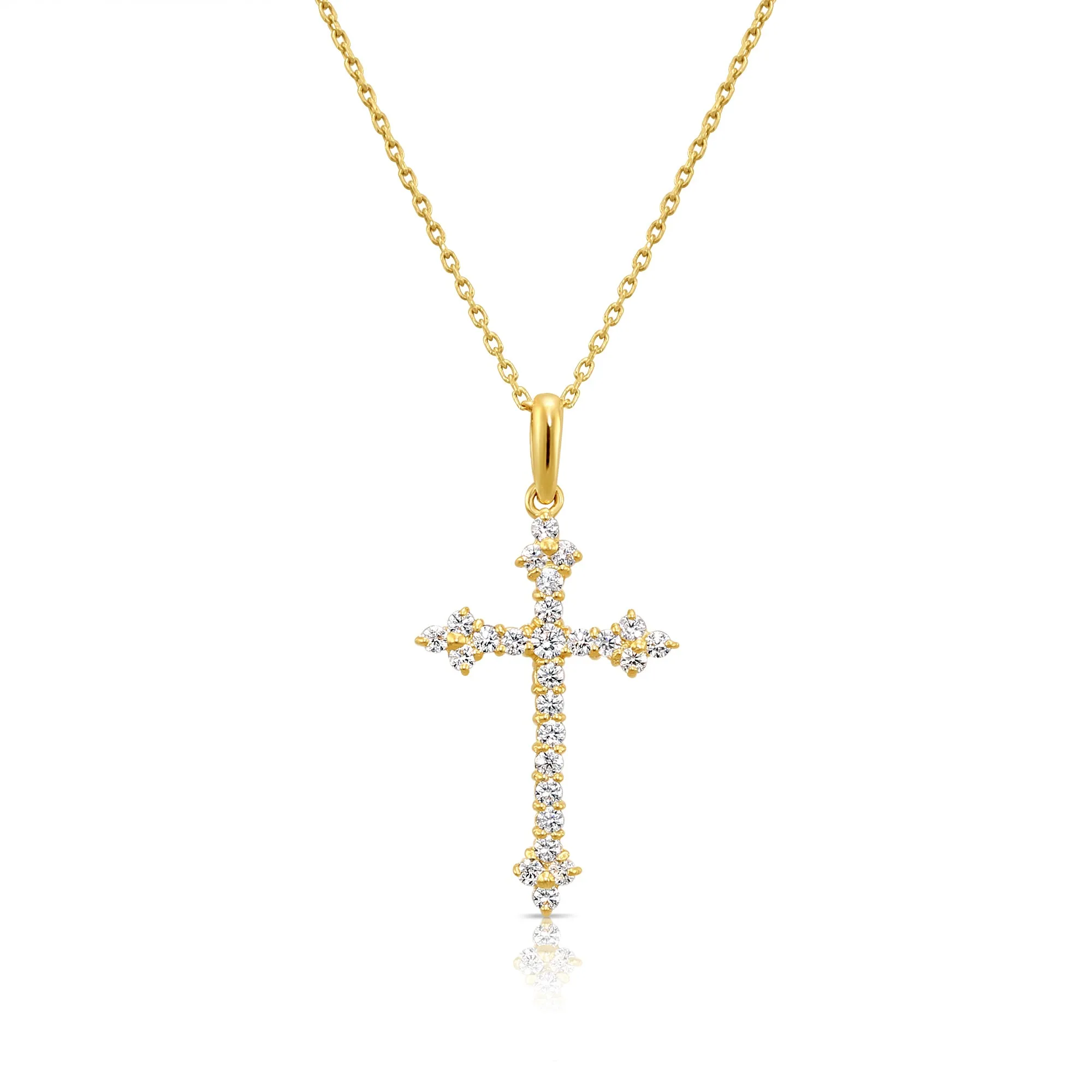 14K Solid Yellow Gold CZ Cross Pendant, With 18" Cable Chain Necklace