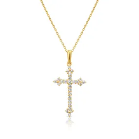 14K Solid Yellow Gold CZ Cross Pendant, With 18" Cable Chain Necklace