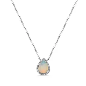 14K White Gold Pear Shape Opal And Diamond Necklace