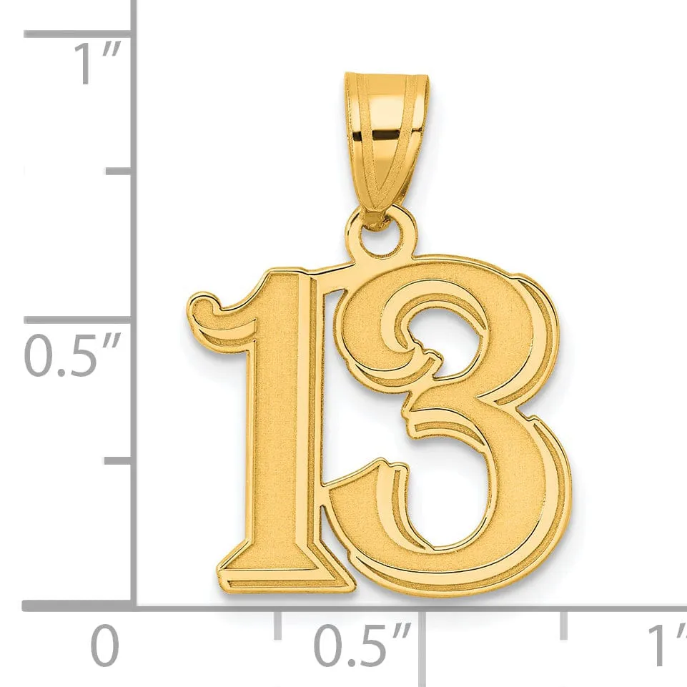 14k Yellow Gold Polished Etched Finish Number 13 Charm Pendant