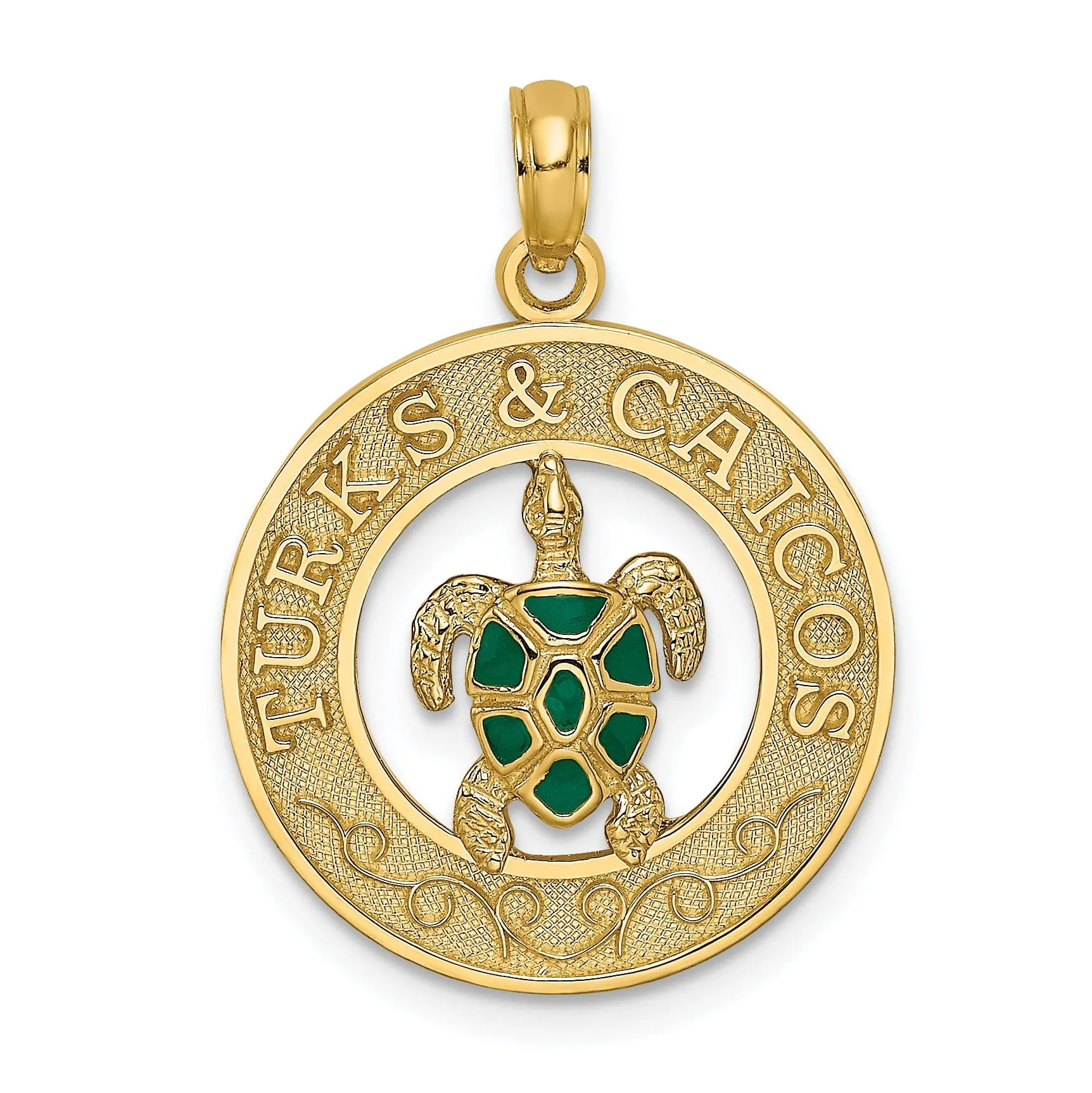 14K Yellow Gold Polished Green Enameled Finish TURKS & CAICOS Circle Design with Turtle Charm Pendant