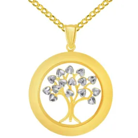 14k Yellow Gold Round Two Tone Tree of Life Medal Pendant with Cuban Curb Chain Necklace