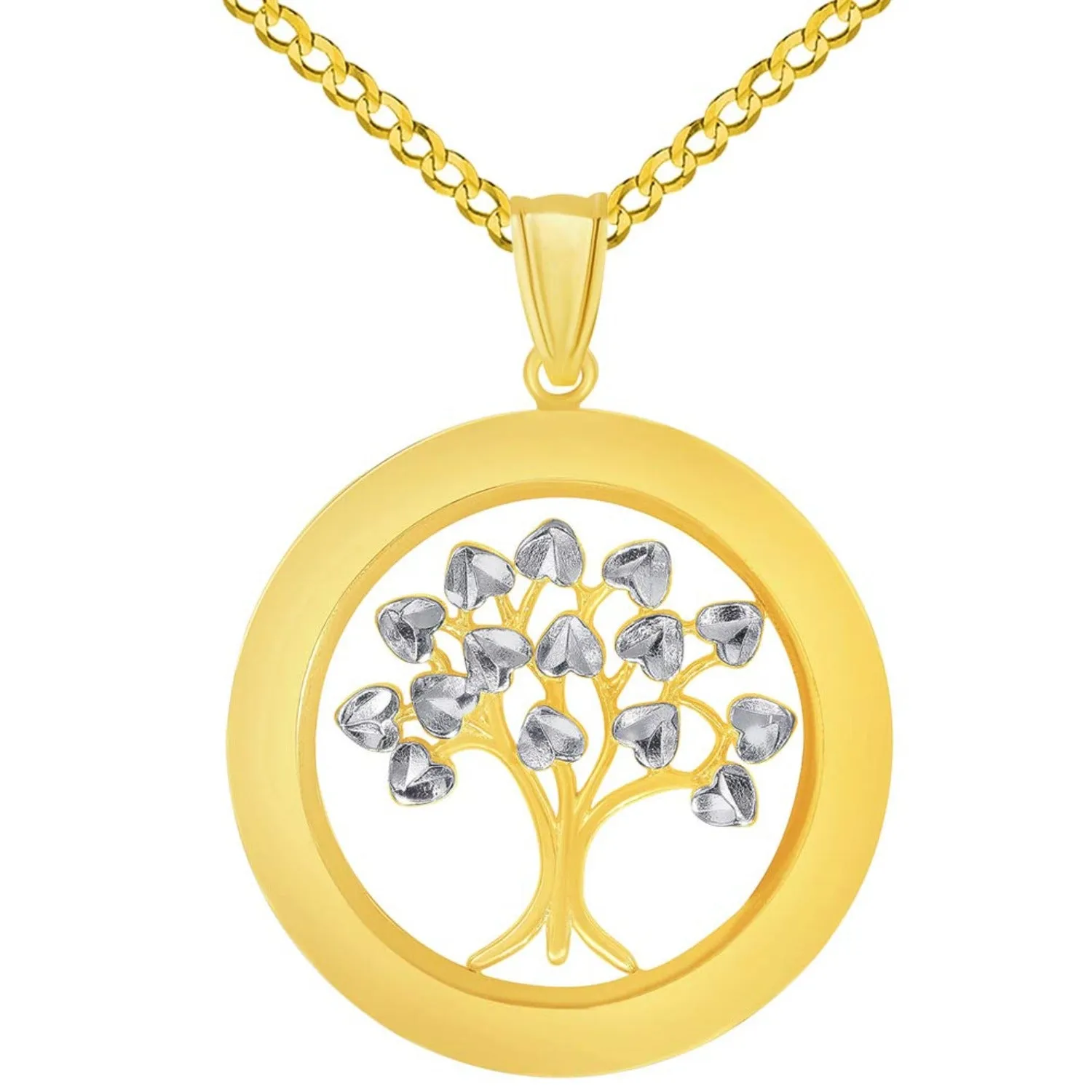 14k Yellow Gold Round Two Tone Tree of Life Medal Pendant with Cuban Curb Chain Necklace