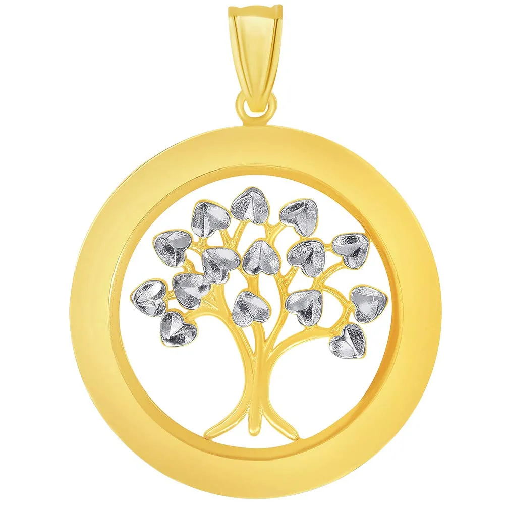 14k Yellow Gold Round Two Tone Tree of Life Medal Pendant with Cuban Curb Chain Necklace