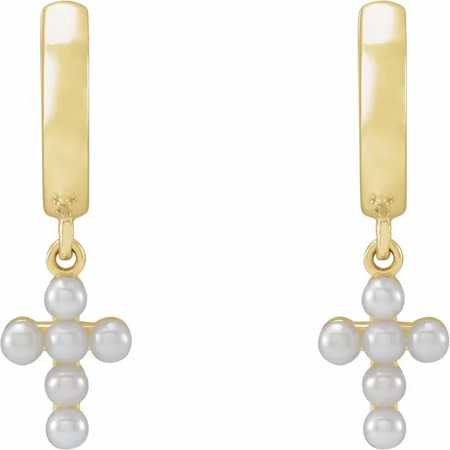 14K Yellow or White Gold Cultured White Seed Pearl Cross Hoop Earrings