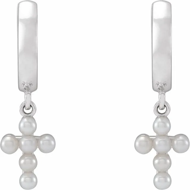 14K Yellow or White Gold Cultured White Seed Pearl Cross Hoop Earrings