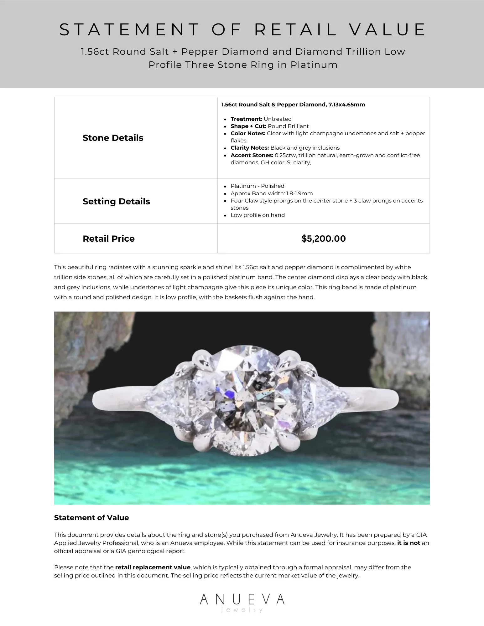 1.56ct Round Salt   Pepper Diamond and Diamond Trillion Low Profile Three Stone Ring in Platinum