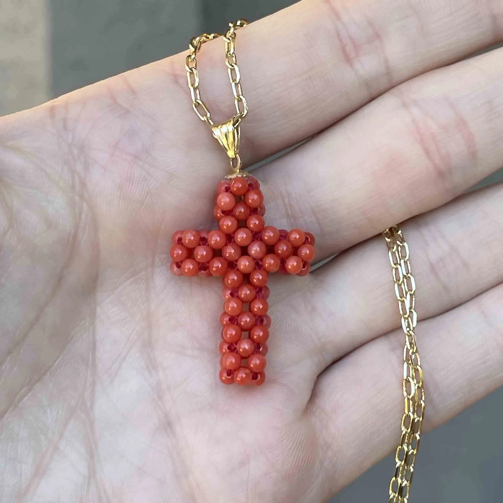 18K Gold Beaded Coral Cross Pendant Necklace