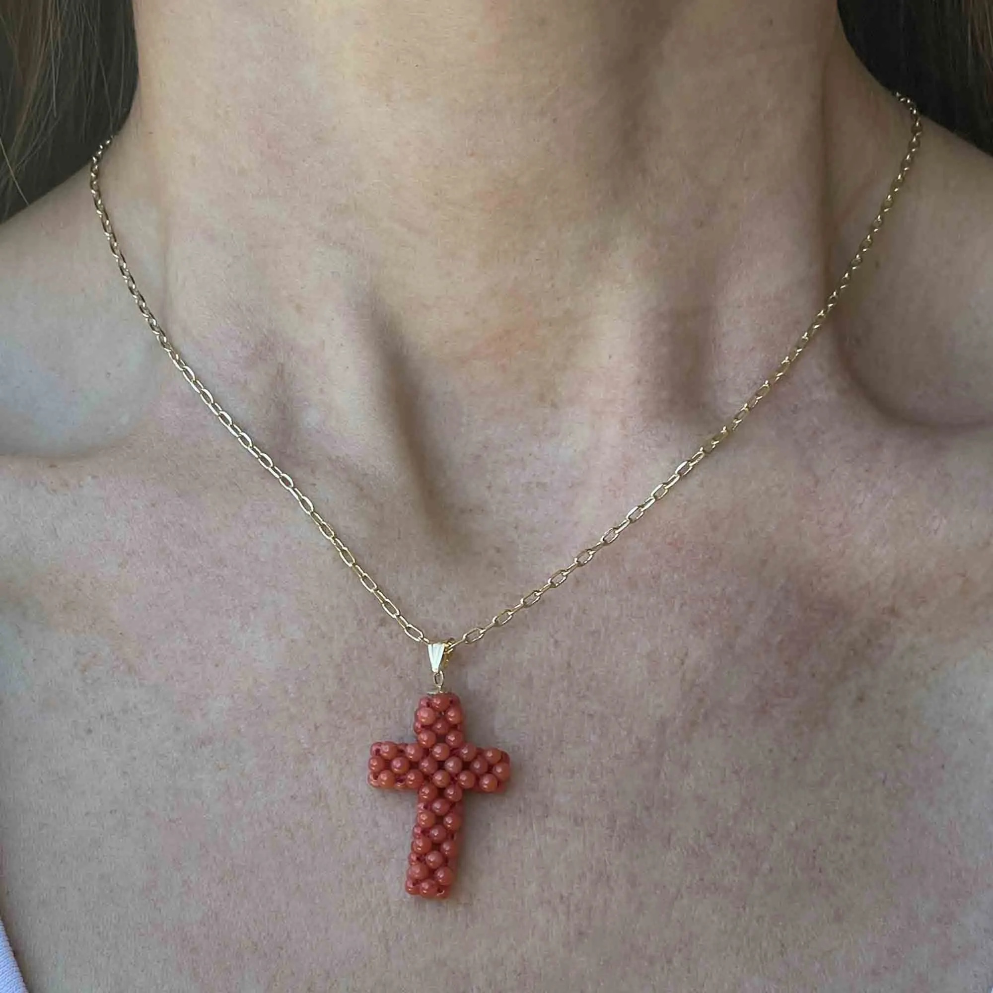 18K Gold Beaded Coral Cross Pendant Necklace