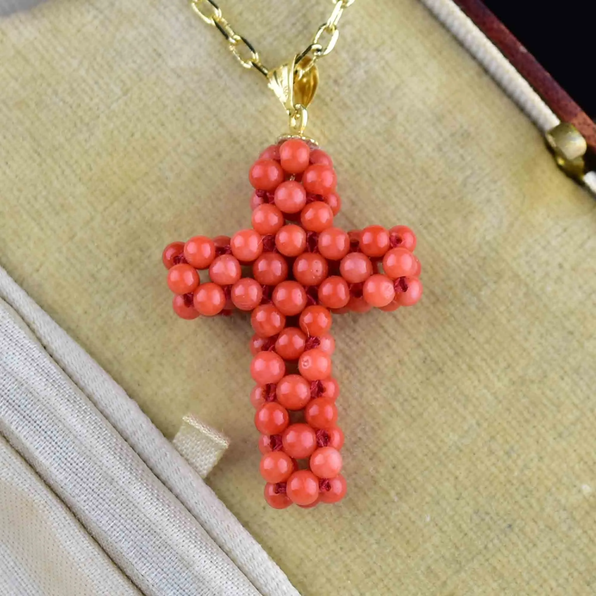 18K Gold Beaded Coral Cross Pendant Necklace