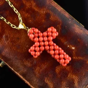 18K Gold Beaded Coral Cross Pendant Necklace