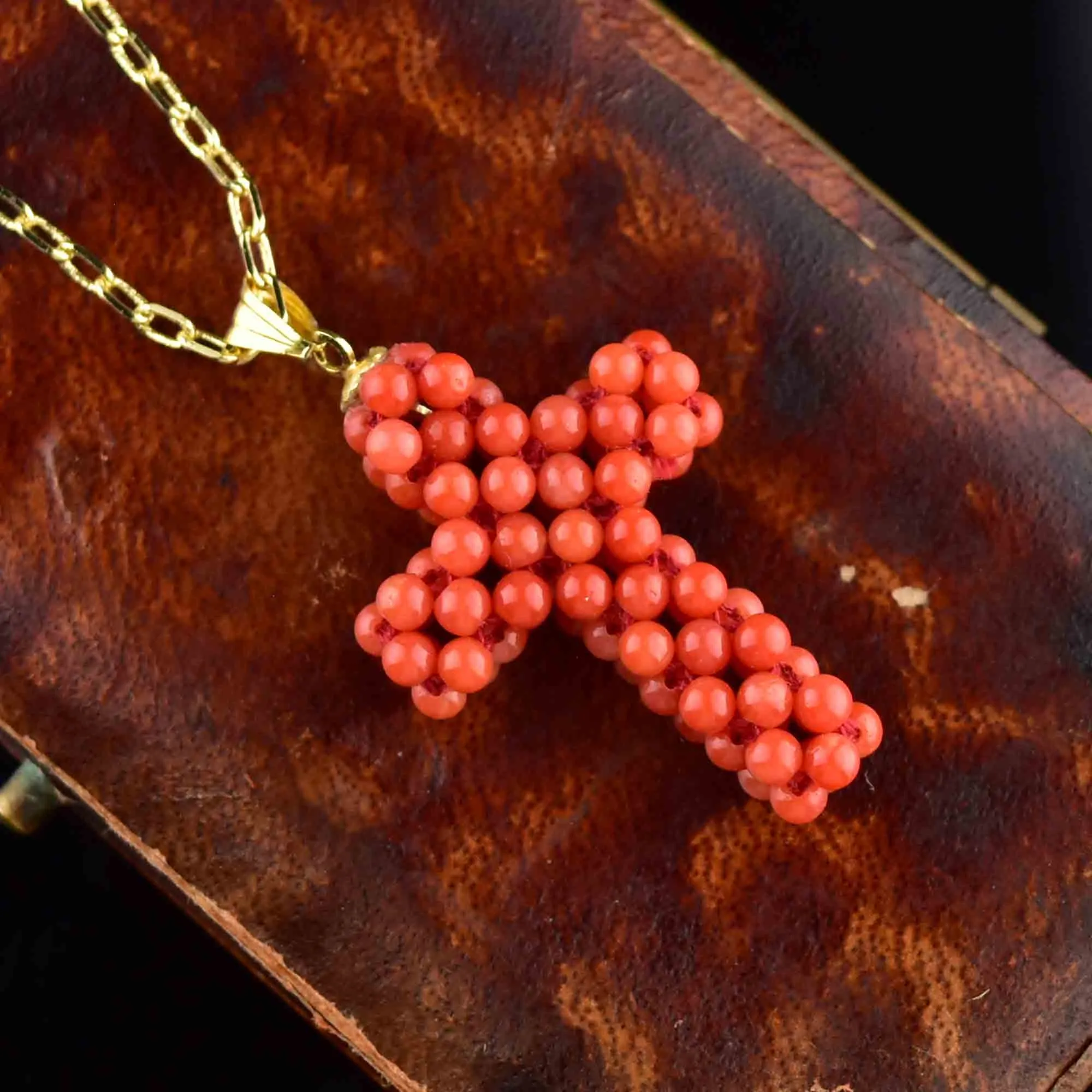 18K Gold Beaded Coral Cross Pendant Necklace