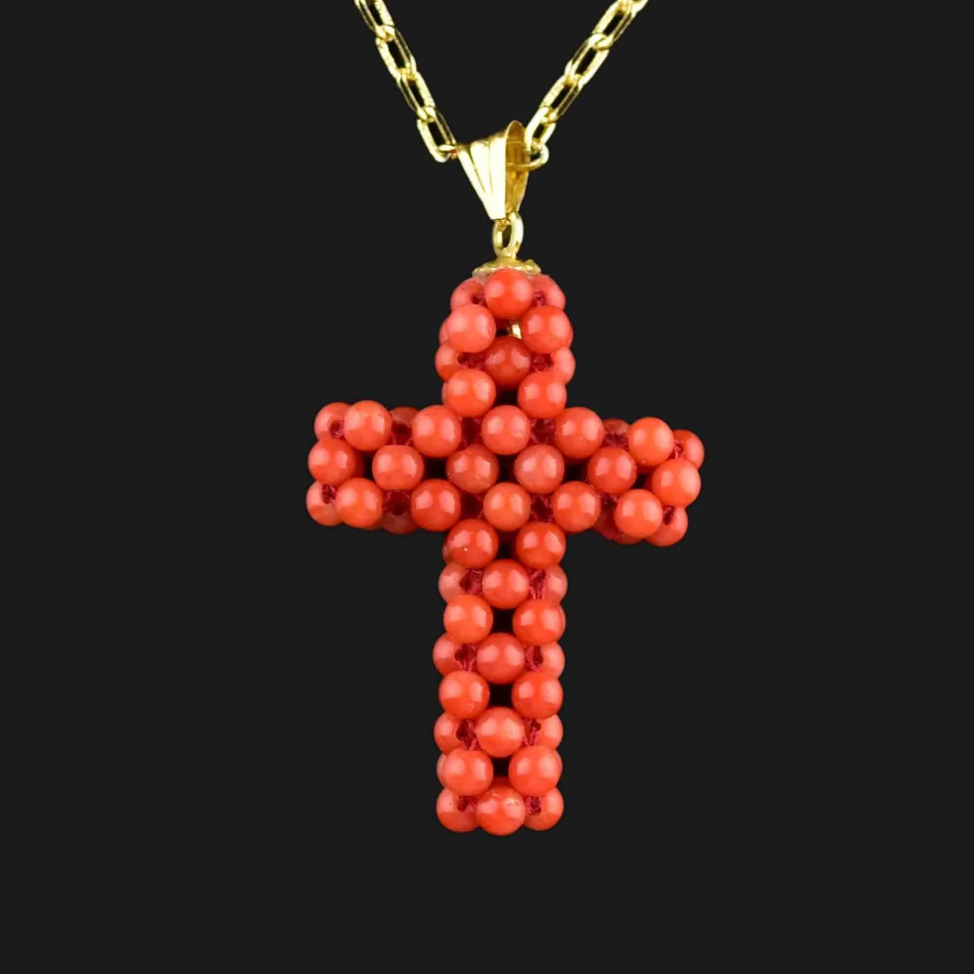 18K Gold Beaded Coral Cross Pendant Necklace