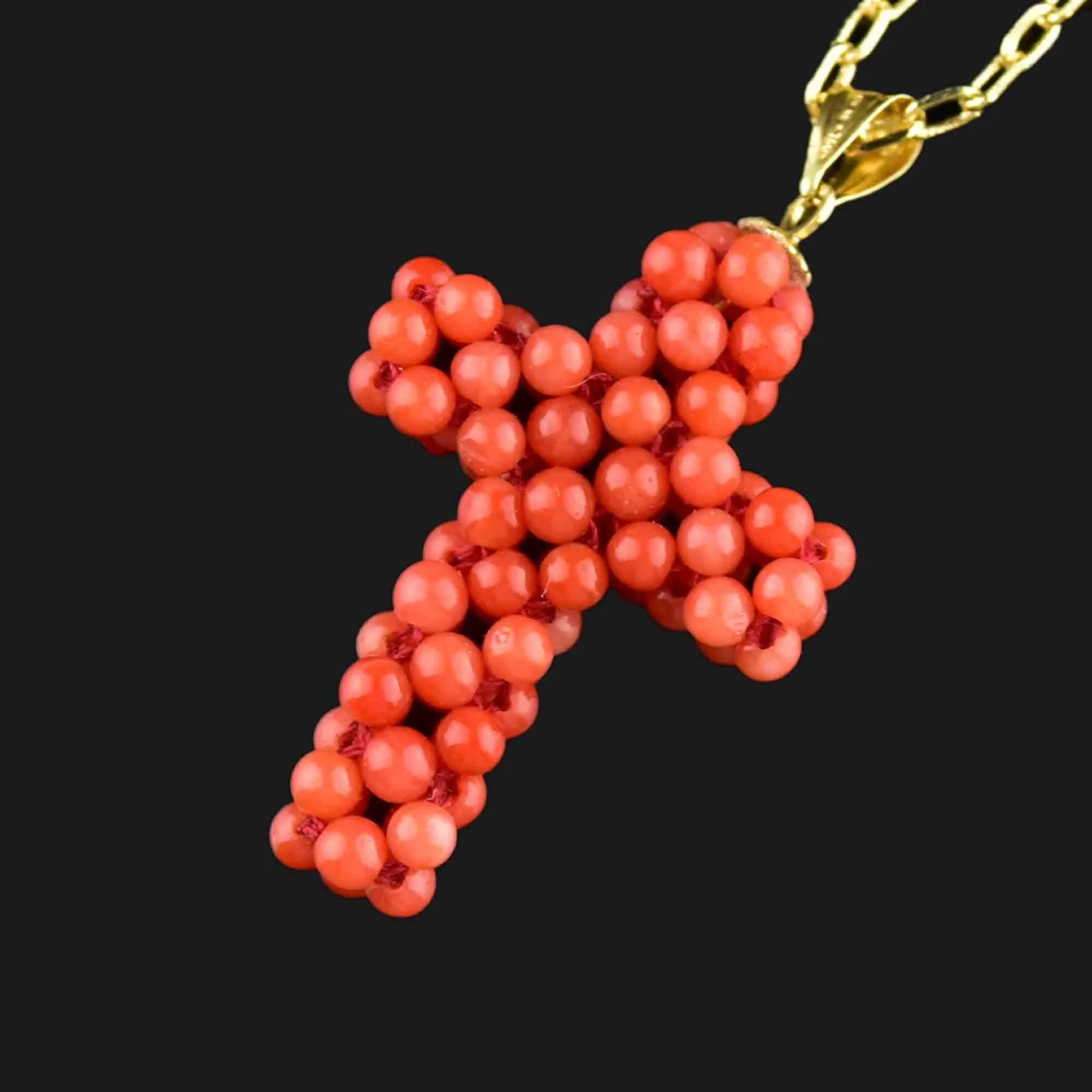 18K Gold Beaded Coral Cross Pendant Necklace