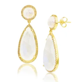 18K Gold Plated Genuine Moonstone 2 Stone Dangle Drop Earrings