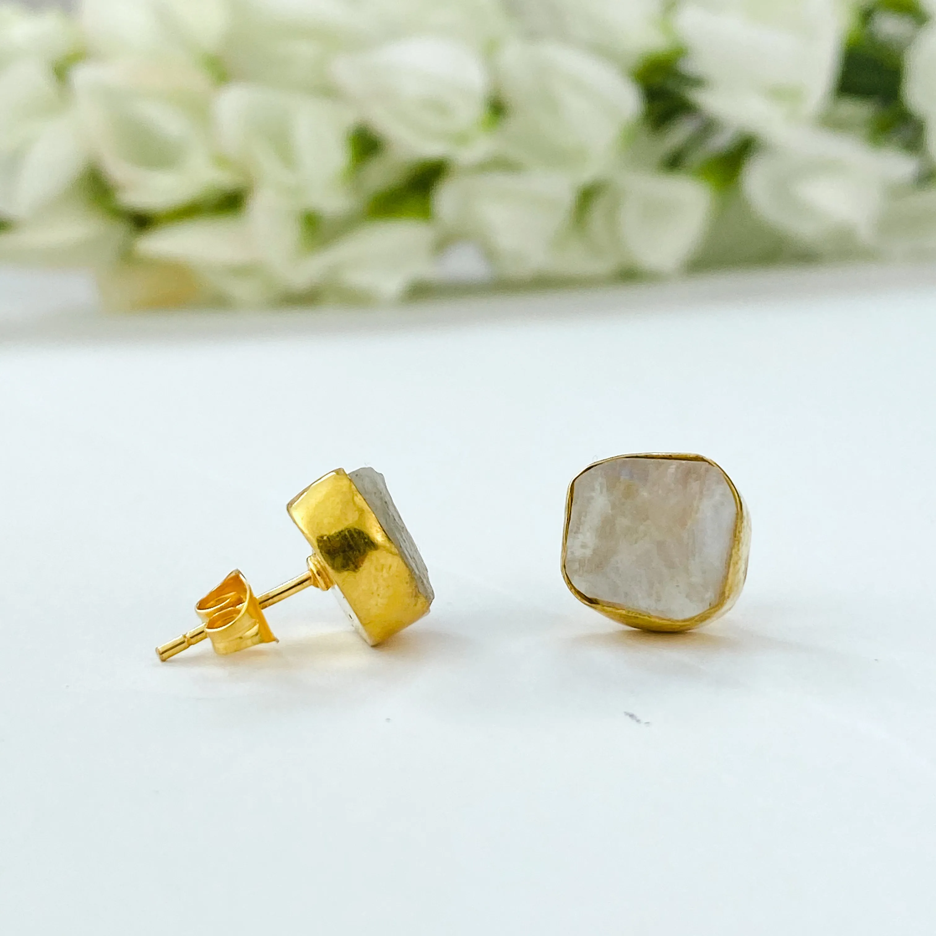 18k Gold Plated Studs | Raw Moonstone