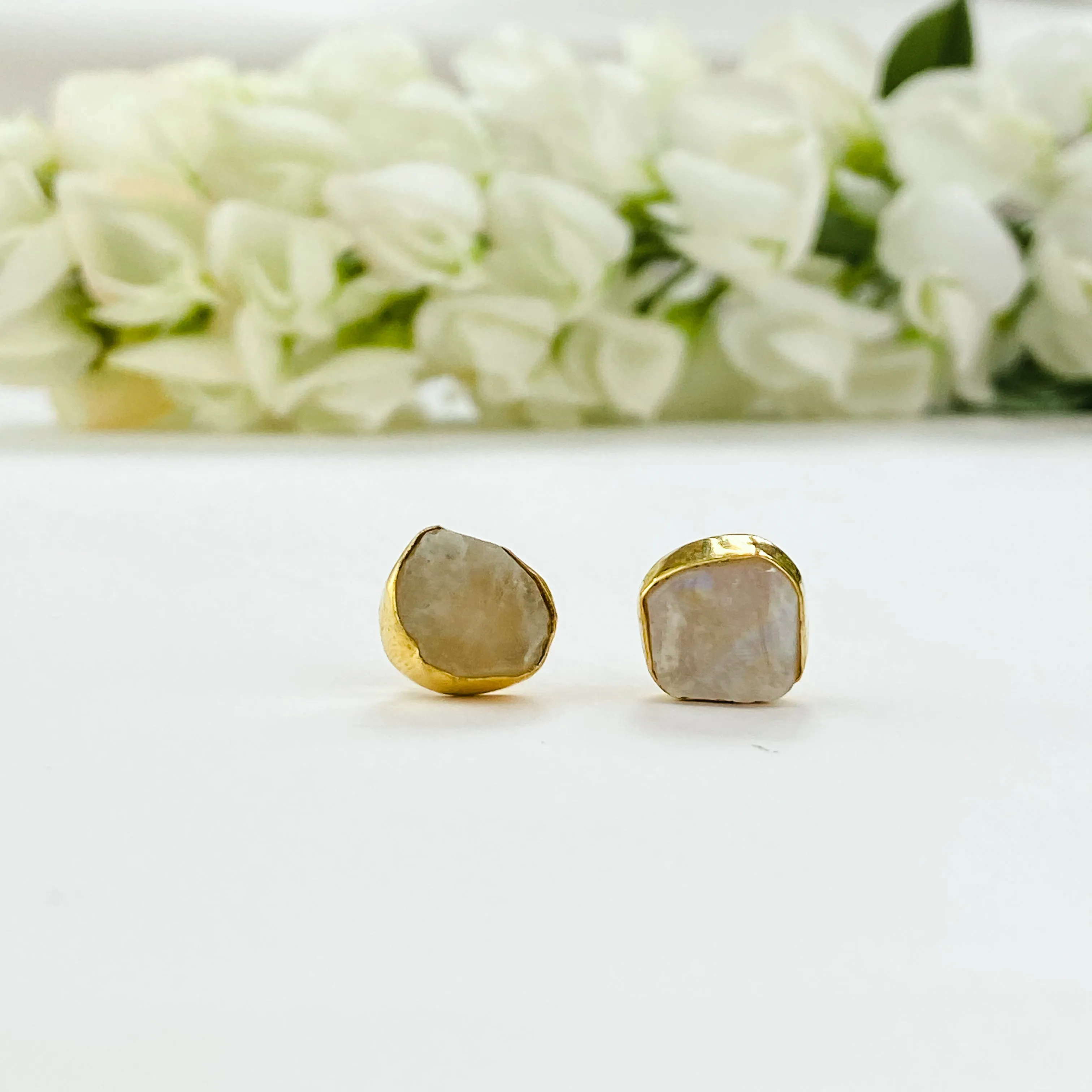 18k Gold Plated Studs | Raw Moonstone