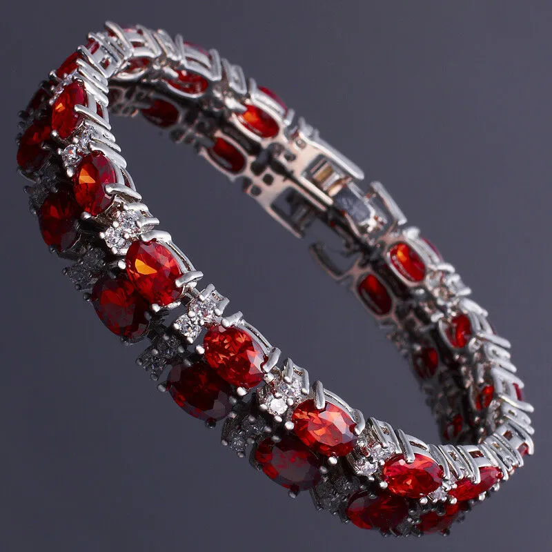 18K White Gold Plated Oval Created Red Garnet Tennis Bracelet