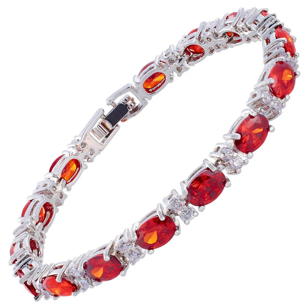 18K White Gold Plated Oval Created Red Garnet Tennis Bracelet