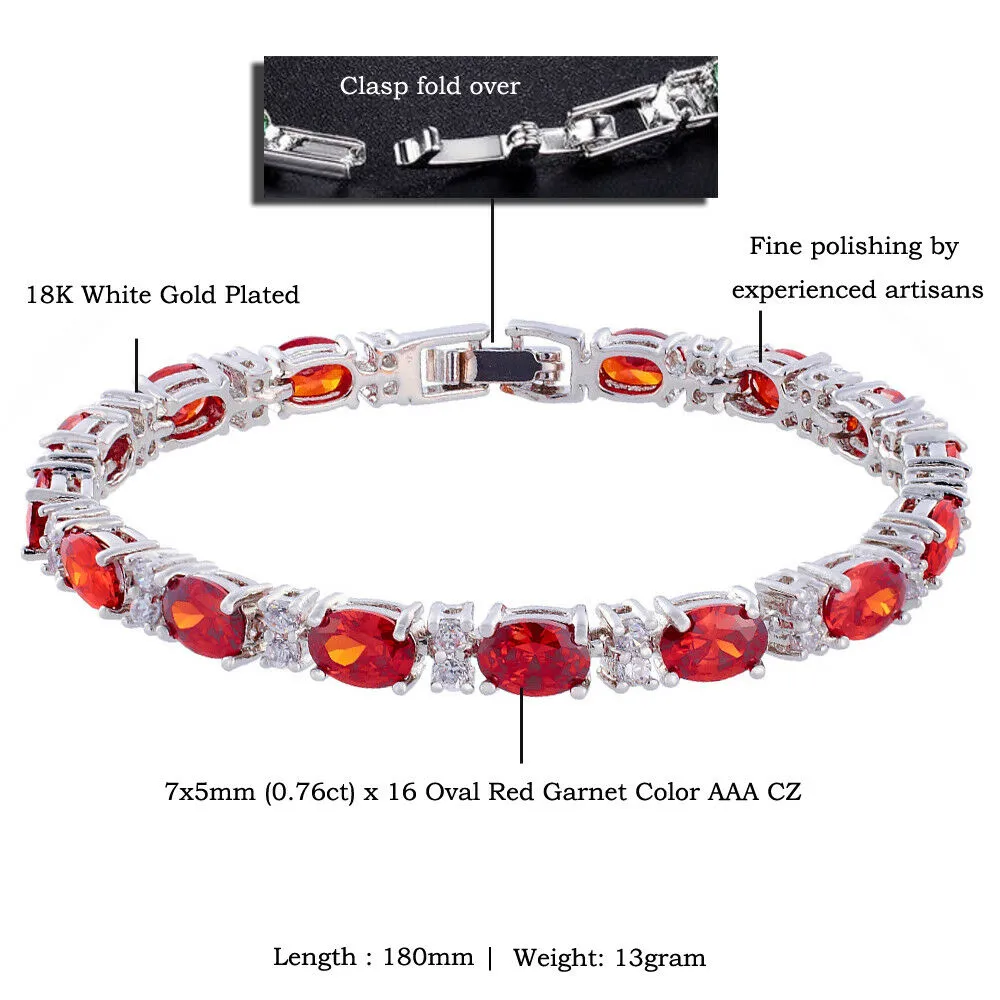 18K White Gold Plated Oval Created Red Garnet Tennis Bracelet