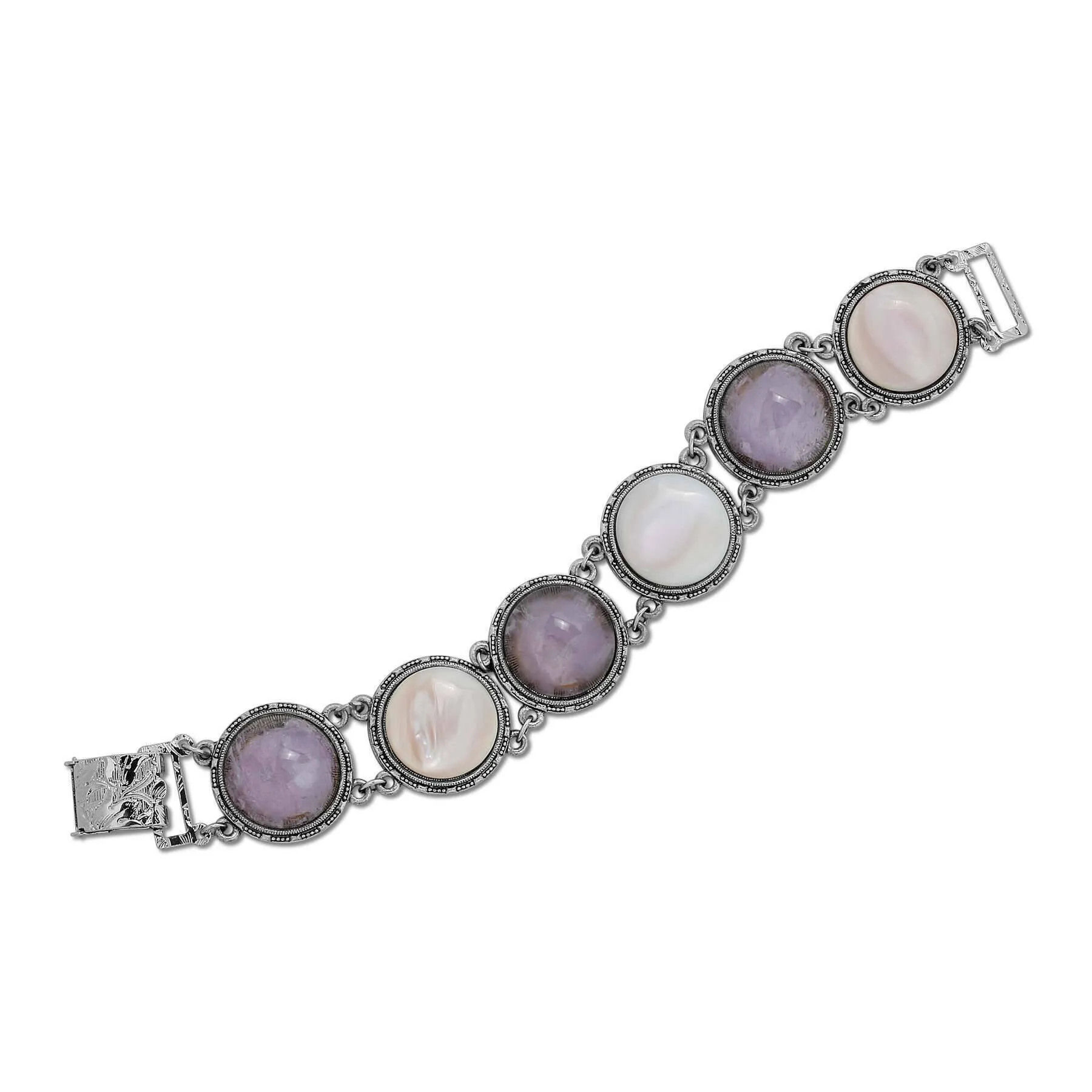 1928 Jewelry Round Genuine Purple Amethyst Gemstone Link Bracelet