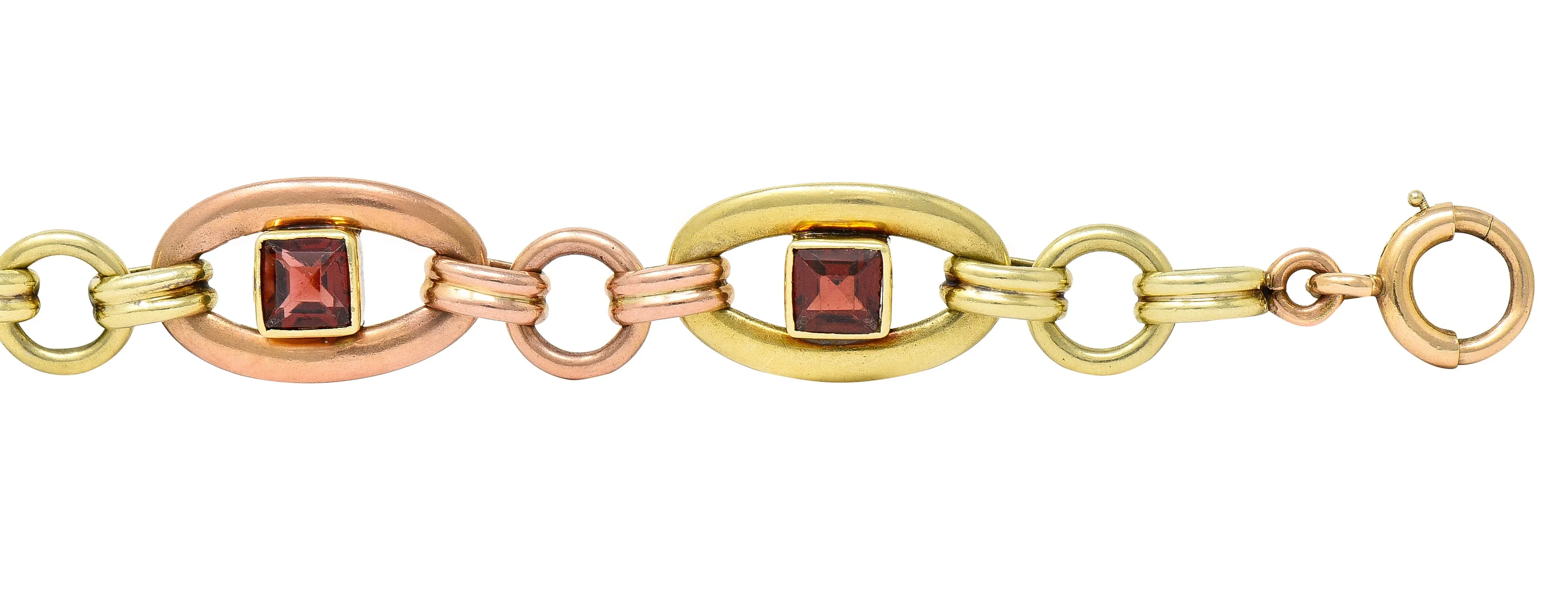 1940's Retro Garnet 14 Karat Two-Tone Gold Gemstone Link Bracelet