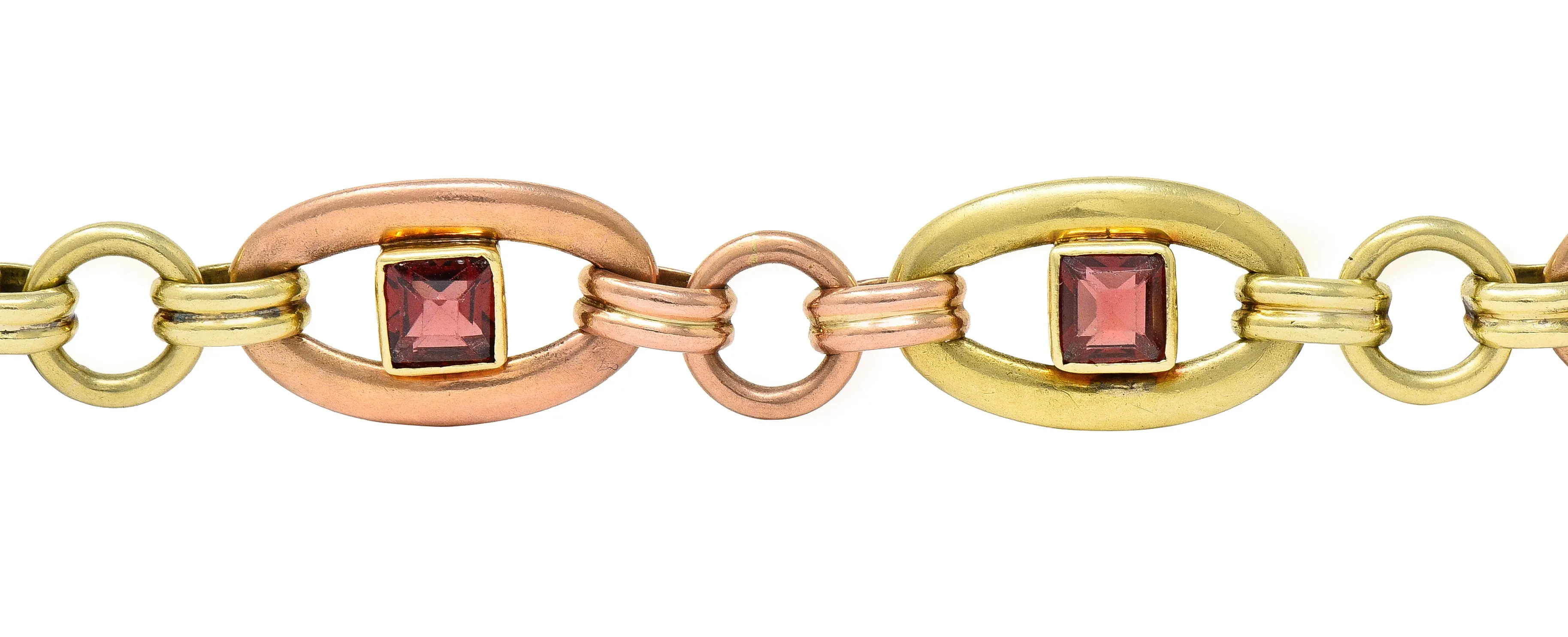 1940's Retro Garnet 14 Karat Two-Tone Gold Gemstone Link Bracelet