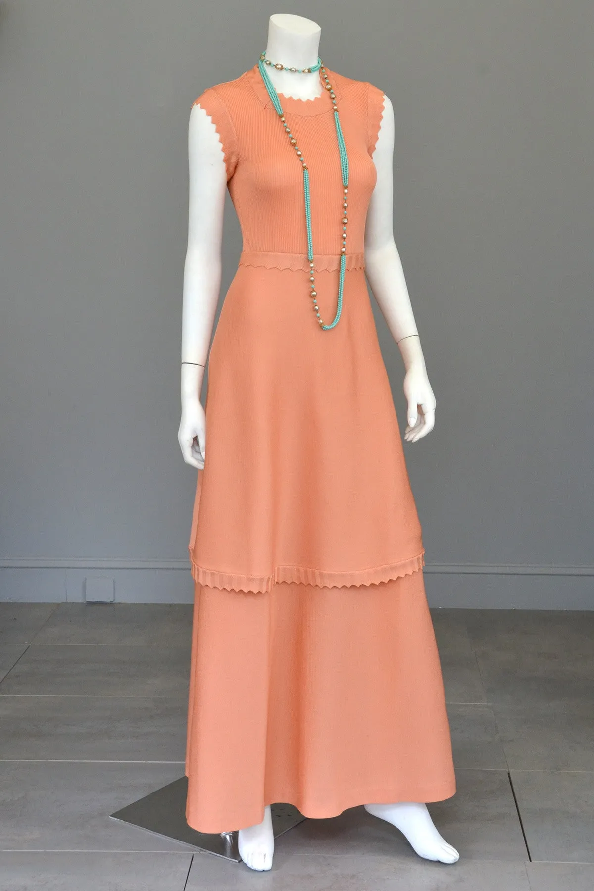 1970s Light Coral Italian Knit Dress with Long Peplum Skirt