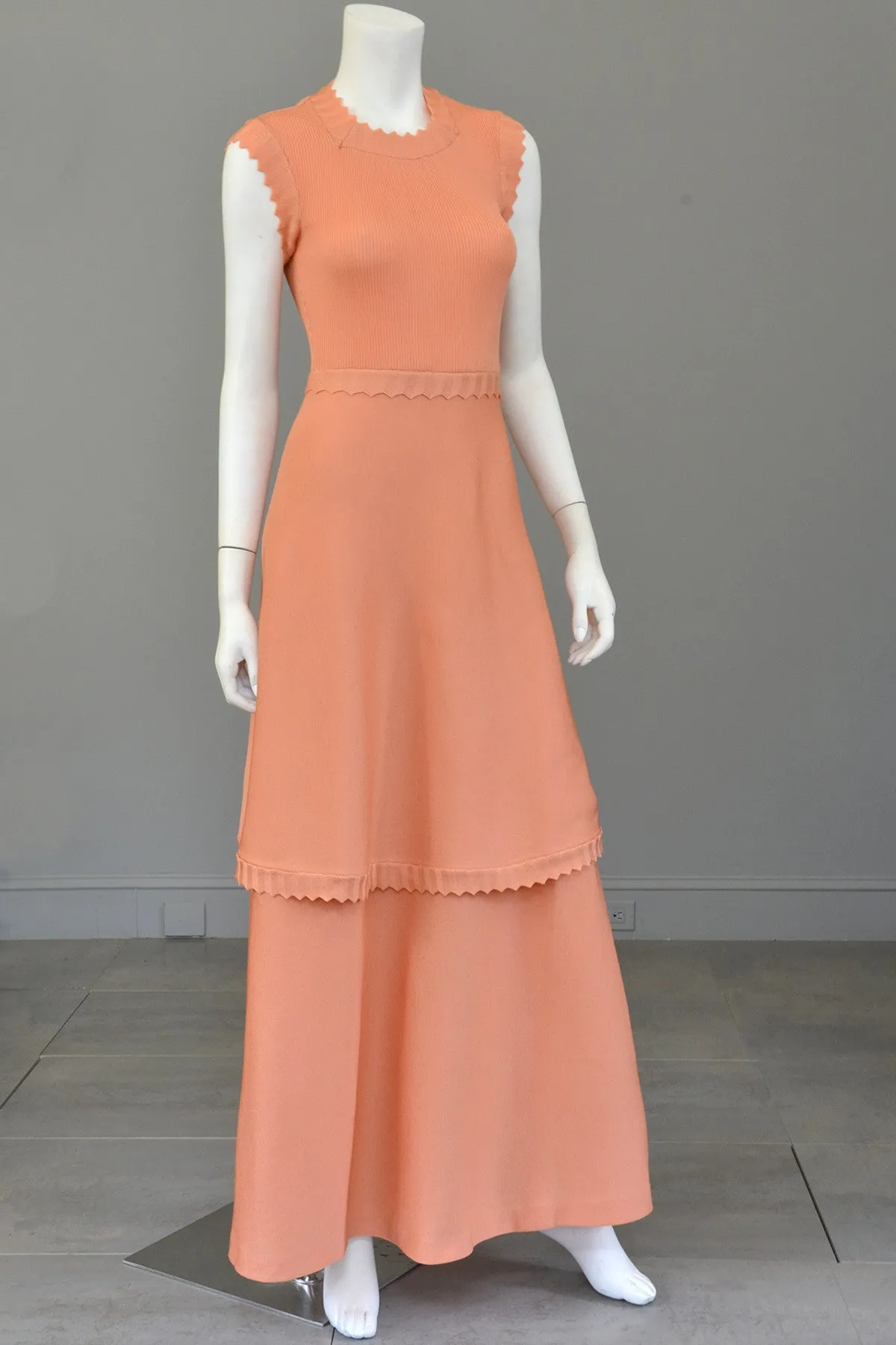 1970s Light Coral Italian Knit Dress with Long Peplum Skirt