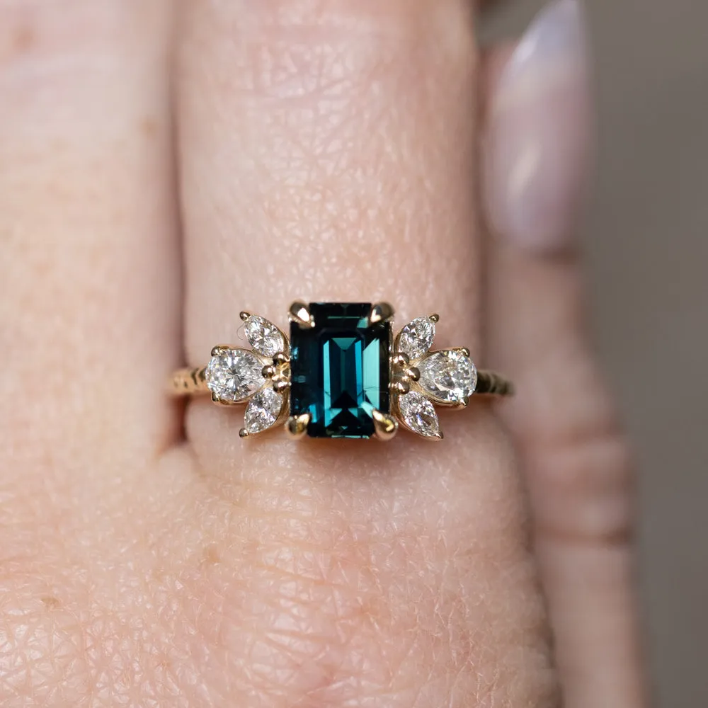 2.05ct Deeply Saturated Teal Blue Sapphire and Lab Grown Marquise Diamond Cluster Ring in 14k Yellow Gold