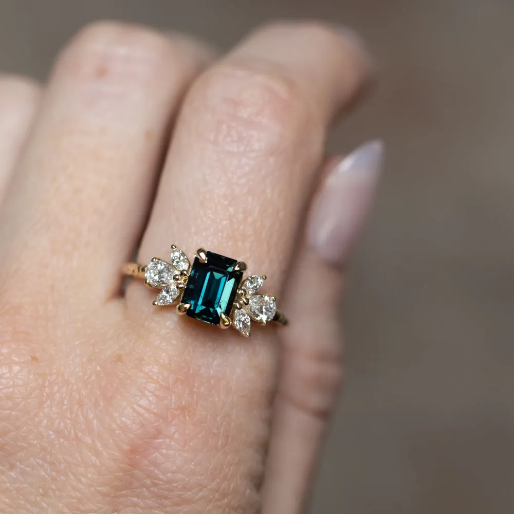 2.05ct Deeply Saturated Teal Blue Sapphire and Lab Grown Marquise Diamond Cluster Ring in 14k Yellow Gold