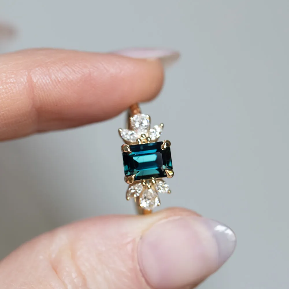 2.05ct Deeply Saturated Teal Blue Sapphire and Lab Grown Marquise Diamond Cluster Ring in 14k Yellow Gold