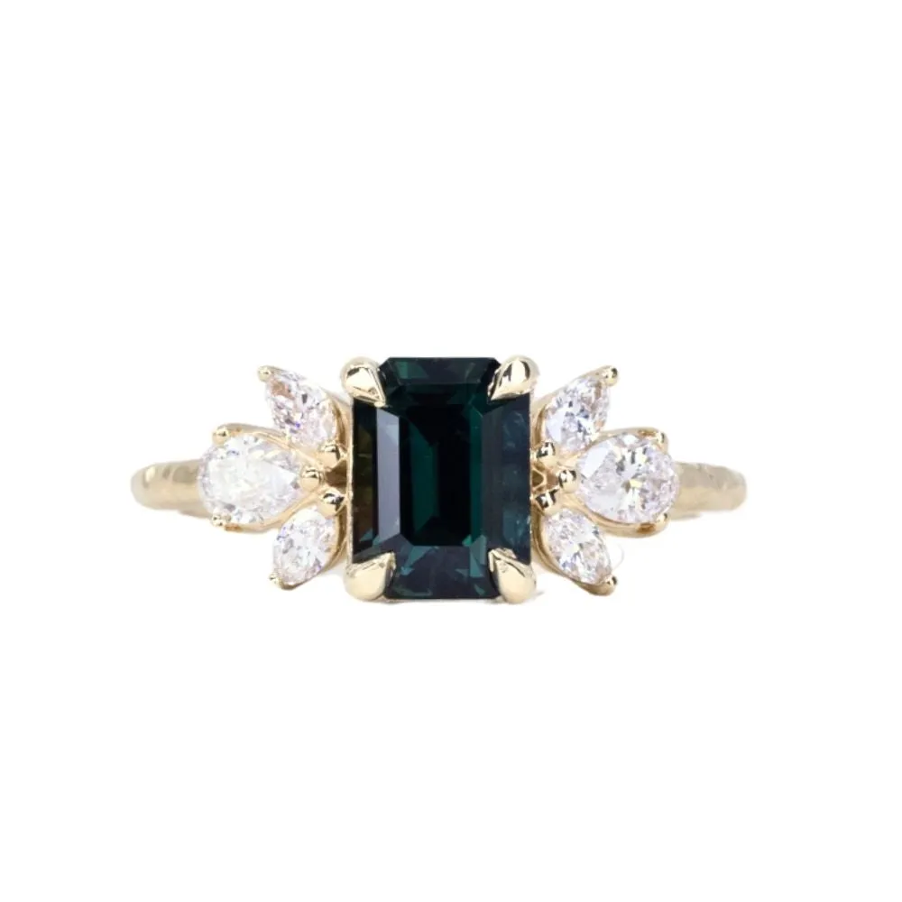 2.05ct Deeply Saturated Teal Blue Sapphire and Lab Grown Marquise Diamond Cluster Ring in 14k Yellow Gold