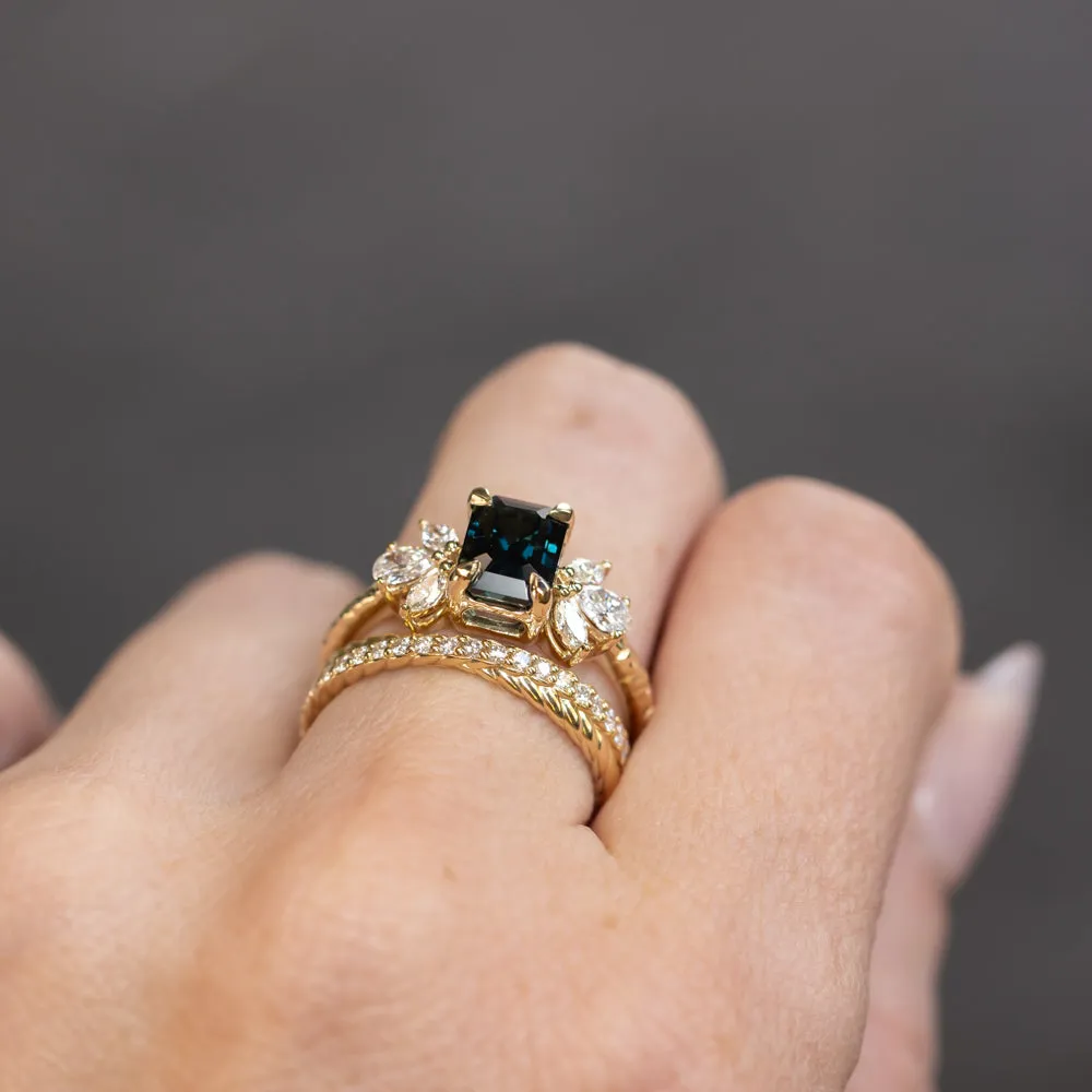 2.05ct Deeply Saturated Teal Blue Sapphire and Lab Grown Marquise Diamond Cluster Ring in 14k Yellow Gold