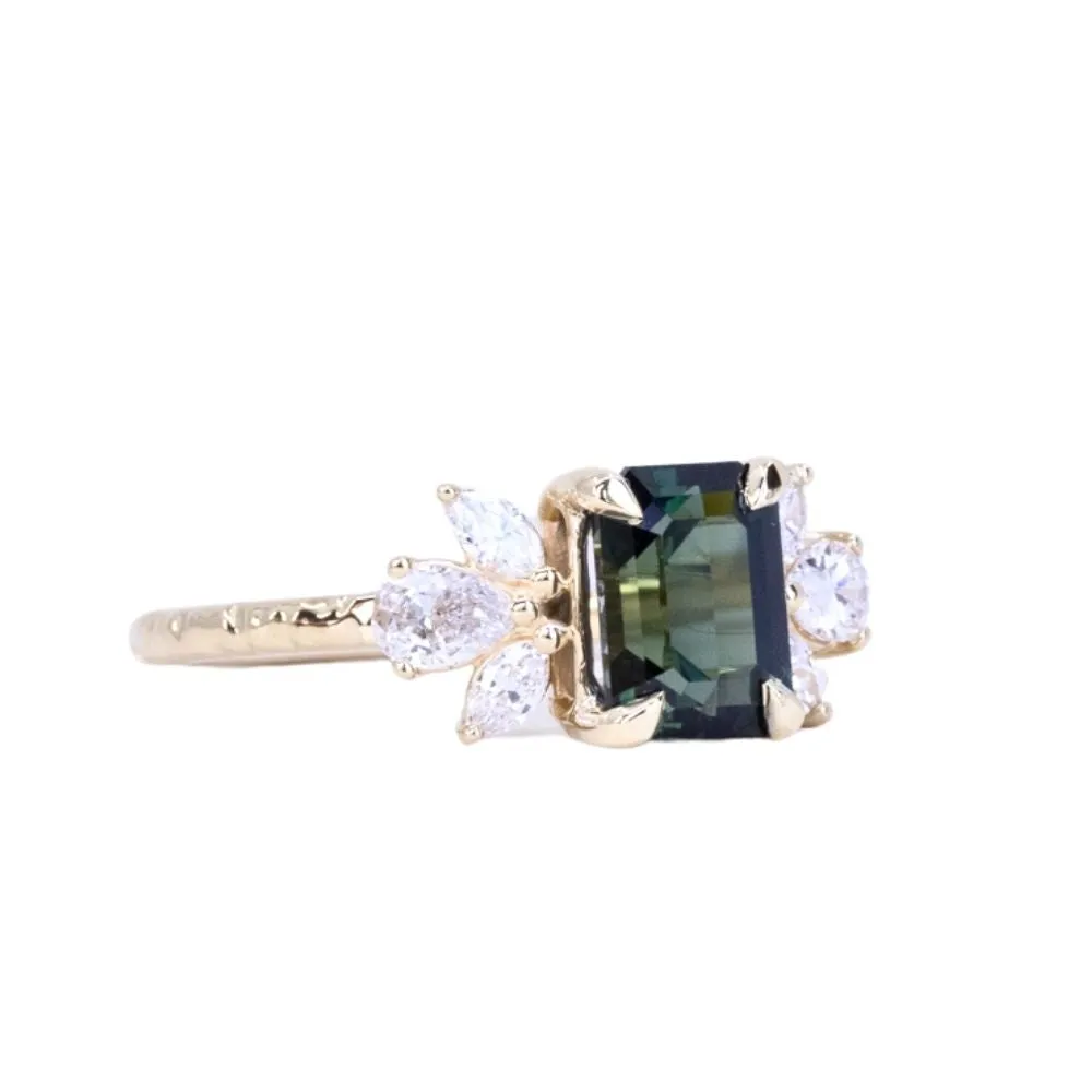 2.05ct Deeply Saturated Teal Blue Sapphire and Lab Grown Marquise Diamond Cluster Ring in 14k Yellow Gold