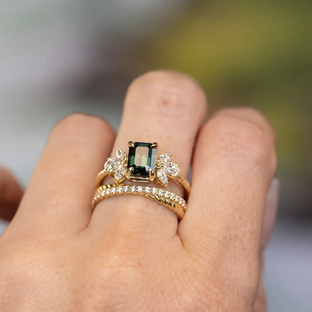 2.05ct Deeply Saturated Teal Blue Sapphire and Lab Grown Marquise Diamond Cluster Ring in 14k Yellow Gold